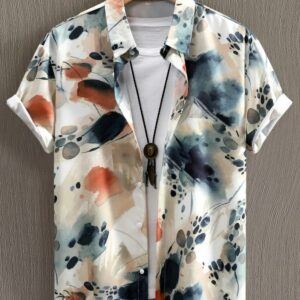 Men's Printed Button Up Short Sleeve Shirt - Air Force Blue / M